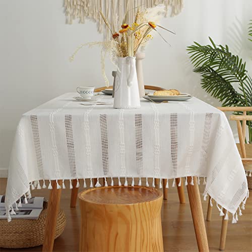 Pahajim Tischdecke Abwaschbar Baumwolle Leinen Tischdecken Quadratisch mit Quasten Tischtuch Moderne Einfache Gestreift für Home Küche Speisetisch Dekoration(Weiß, 140 x 140 cm) von Pahajim