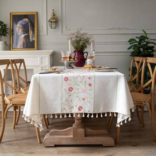 Pahajim Tischdecke Quadratisch Baumwolle Leinen Tischtuch Abwaschbar Wasserdicht Quasten Design für Küche, Esszimmer, Outdoor, Garten Tischdekorationen(Weiß,140x140cm) von Pahajim