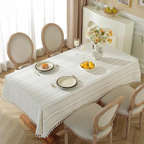 Pahajim Tischdecke Quadratisch Tischdecken Baumwolle Leinen Quaste Tischtuch abwaschbar für Speisetisch Picknick-Party Tischdekoration(Streifen - weiß, 140 x 140 cm) von Pahajim