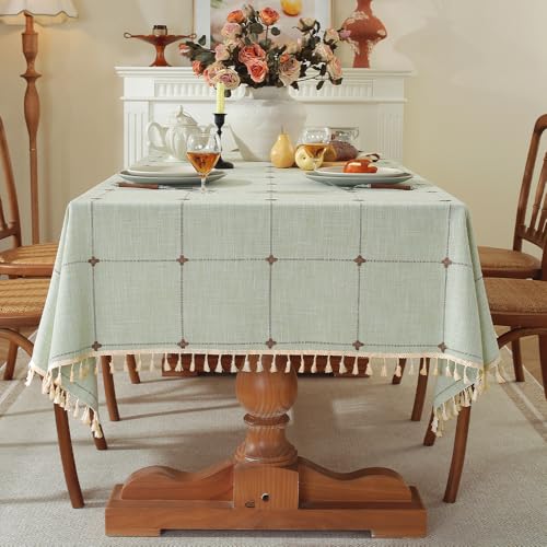 Pahajim Tischdecke Rechteckig Baumwolle Leinen Tischdecke Abwaschbar Elegante Karierte Tischdecke mit Quasten Küchentischabdeckung für Speisetisch,Outdoor(Grün, 140 x 300 cm) von Pahajim