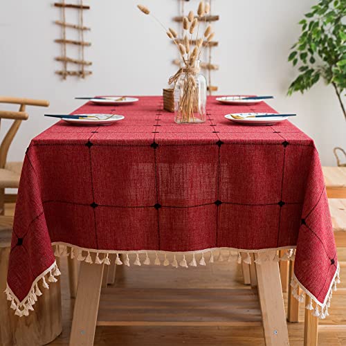 Pahajim Tischdecke Quaste Baumwolle Leinen Elegante Tischdecke waschbare Küchentischabdeckung für Speisetisch (Gitter Rot, Rechteckig/Oval, 140 x 300 cm, 10-12 sitzes) von Pahajim