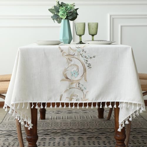 Pahajim Tischdecke Quaste Baumwolle Leinen Elegante Tischdecke waschbare Küchentischabdeckung für Speisetisch (Quadrat, 140 x 140 cm, 4 sitzes) von Pahajim