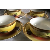 Zarte Antike Handbemalte Tasse & Untertasse Set -Ct Altwasser Germany - Gelb, Rosa/Koralle Gold Trim, Pflaumen, Obst von PaigeB8s