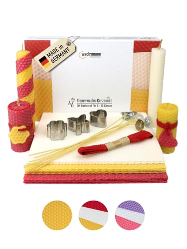 Wachsmann Bienenwachs-Kerzen selber Machen, 10 - DIY Candle Bastel-Set - mit Hanfdochten - Bienenwachs-Platten aus Deutschland - mit Zubehör von Wachsmann