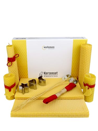 Wachsmann Bienenwachs-Kerzen selber Machen, 5-7 Stück - DIY Kerzen Bastel-Set - Kerzen basteln mit Bienenwachs-Platten aus Deutschland + Dochte, Deko-Band & Ausstechformen von Wachsmann