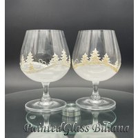 2Er-Set Handbemalte Weihnachtsbrandy-Cognacgläser Kalter Winter von PaintedGlassBiliana