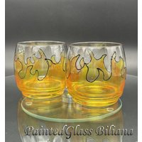 2Er Set Handbemalte Whiskygläser "On Fire" von PaintedGlassBiliana