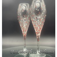 Set Mit 2 Handbemalten Sektgläsern Valentinstag in Perlmutt Weiß Und Rot von PaintedGlassBiliana