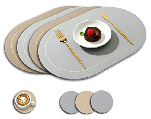 Paiouda 4er Platzset mit Untersetzer Oval Hitzebeständig Zweiseitig Tischset aus Kunstleder abwaschbar Platzdeckchen Wasserdicht Platzset für Küche Tischdeko, 4er Set/Grau+Rosa, 45x30cm von Paiouda