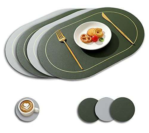 Paiouda 4er Platzset mit Untersetzer Oval Hitzebeständig Zweiseitig Tischset aus Kunstleder abwaschbar Platzdeckchen Wasserdicht Platzset für Küche Tischdeko, 4er Set/Grün+Grau, 45x30cm von Paiouda