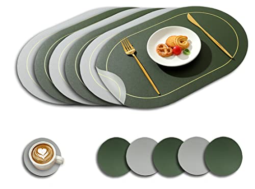 Paiouda 6er Platzset mit Untersetzer Oval Hitzebeständig Zweiseitig Tischset aus Kunstleder abwaschbar Platzdeckchen Wasserdicht Platzset für Küche Tischdeko, Dunkelgrün+Hellgrau, 45x30cm Paiouda 6er Platzset mit Untersetzer Oval Hitzebeständig Zweiseitig Tischset aus Kunstleder abwaschbar Platzdeckchen Wasserdicht Platzset für Küche Tischdeko, Dunkelgrün+Hellgrau, 45x30cm von Paiouda