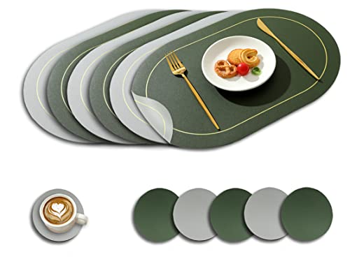 Paiouda 6er Platzset mit Untersetzer Oval Hitzebeständig Zweiseitig Tischset aus Kunstleder abwaschbar Platzdeckchen Wasserdicht Platzset für Küche Tischdeko, Dunkelgrün+Hellgrau, 45x30cm von Paiouda