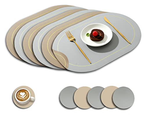 Paiouda 6er Platzset mit Untersetzer Oval Hitzebeständig Zweiseitig Tischset aus Kunstleder abwaschbar Platzdeckchen Wasserdicht Platzset für Küche Tischdeko, Hellgrau+Beige, 45x30cm Paiouda 6er Platzset mit Untersetzer Oval Hitzebeständig Zweiseitig Tischset aus Kunstleder abwaschbar Platzdeckchen Wasserdicht Platzset für Küche Tischdeko, Hellgrau+Beige, 45x30cm von Paiouda