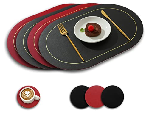 Paiouda 4er Platzset mit Untersetzer Oval Hitzebeständig Zweiseitig Tischset aus Kunstleder abwaschbar Platzdeckchen Wasserdicht Platzset für Küche Tischdeko, 4er Set/Schwarz+Rot, 45x30cm von Paiouda