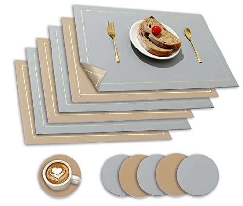 Paiouda Tischsets Abwaschbar 6er Set Platzsets Abwischbar Tischset Leder Hitzebeständig Doppelseitigen rutschfest Platzdeckchen Lederoptik Tischuntersetzer mit Untersetzer, Hellgrau+Beige, 43x30cm von Paiouda
