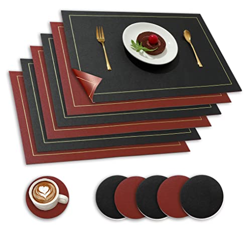 Paiouda Tischsets Abwaschbar 6er Set Platzsets Abwischbar Tischset Leder Hitzebeständig Doppelseitigen rutschfest Platzdeckchen Lederoptik Tischuntersetzer mit Untersetzer, Schwarz+Dunkelrot, 43x30cm von Paiouda