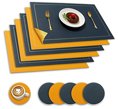 Paiouda Tischsets Abwaschbar 6er Set Platzsets Abwischbar Tischset Leder Hitzebeständig Doppelseitigen rutschfest Platzdeckchen Lederoptik Tischuntersetzer mit Untersetzer,Dunkelblau+Gelb, 43x30cm Paiouda Tischsets Abwaschbar 6er Set Platzsets Abwischbar Tischset Leder Hitzebeständig Doppelseitigen rutschfest Platzdeckchen Lederoptik Tischuntersetzer mit Untersetzer,Dunkelblau+Gelb, 43x30cm von Paiouda
