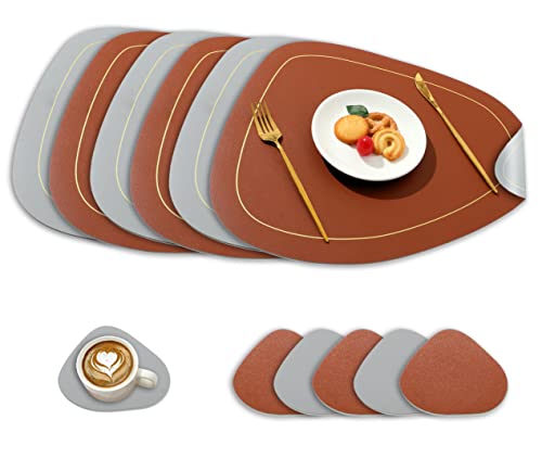 Paiouda Tischsets Leder und Untersetzer 6er Set Tischsets Abwaschbar Doppelseitigen rutschfest Platzdeckchen Leder Kunstleder Tischset Lederoptik Platzset, Braun+Hellgrau, 45x37cm von Paiouda