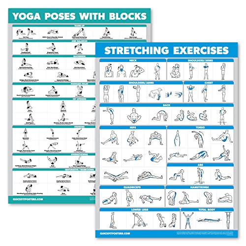 2er-Pack – Yoga Block Posen + Stretching Übungsposter Set – Yoga Positionen mit Blöcken Diagramm – Set mit zwei Fitnessdiagrammen (18 x 24, laminiert) von Palace Learning
