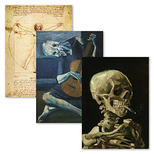 3er-Pack – Vitruvian Man von Leonardo Da Vinci + Der alte Gitarrist von Pablo Picasso + Van Gogh Skelett-Poster – Fine Art Prints (laminiert, 45,7 x 61 cm) von Palace Learning