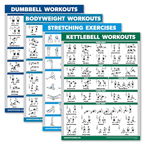 Palace Learning 4 Stück – Hanteltraining + Bodyweight Workout + Stretching Übungen + Kettlebell – Set mit 4 Trainingstabellen (45,7 x 61 cm, laminiert) von Palace Learning