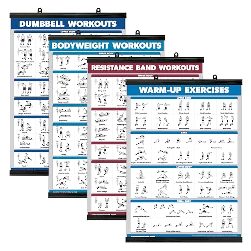 Palace Learning 4er-Pack – Hanteltraining + Körpergewichtsübungen + Widerstandsbänder Workouts + Aufwärmübungen – Set mit 4 Workout-Diagrammen (laminiert mit Kunststoffrahmen, 45,7 x 61 cm) von Palace Learning