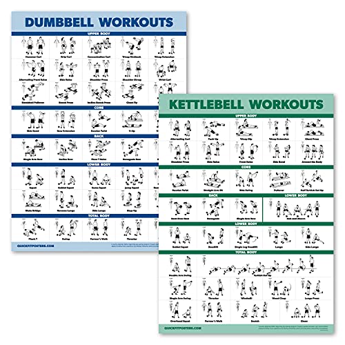 Palace Learning Hanteltraining und Kugelhantel-Übungsposter-Set – laminiertes 2-teiliges Diagramm-Set – Kurzhantelübungsroutine und Kugelglocken-Workouts [leicht] (laminiert, 45,7 x 61 cm) von Palace Learning