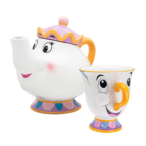 Paladone Die Schöne und das Biest Tasse & Teekanne Set - weiß, Bedruckt, 100% Keramik, in Geschenkverpackung von Paladone
