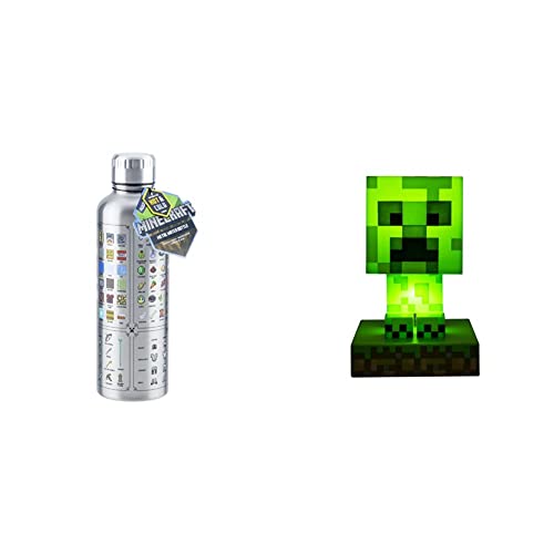 Paladone Minecraft Trinkflasche aus Metall & Minecraft Creeper 3D Icon Light BDP | Offiziell lizenziertes, grünes, pixeliges Nachtlicht oder Schreibtischlampe | angetrieben durch 2 x AAA von Paladone