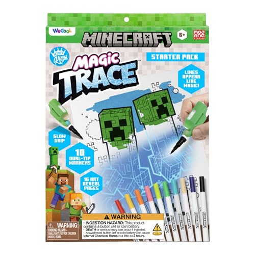Paladone WeCool Magic Trace Minecraft-Starterset, offiziell, aufleuchtend, Malset mit 16 Seiten zum Nachzeichnen, 10 Marker mit zwei Spitzen, 1 Glow-Grip-Linienzeigestift, Kunst-/Bastelset, ab 6 von Paladone