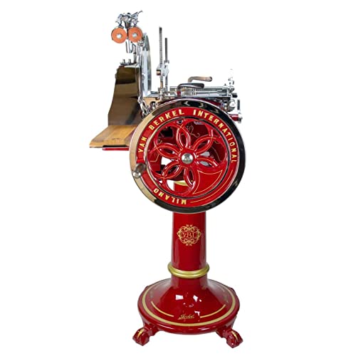 Berkel Aufschnittmaschine – Volano L16 rot – Wunderschöne Schwungradmaschine mit Standfuß + 100% handgefertigtem Schneidebrett Unikat von Palatina Werkstatt