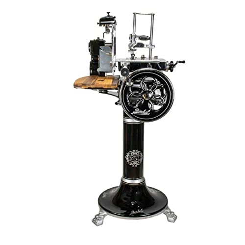 Berkel Aufschnittmaschine - Volano Tribute schwarz – Wunderschöne Schwungradmaschine mit Standfuß & 100% handgefertigtem Schneidebrett von Palatina Werkstatt