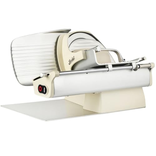 Berkel Home Line 200 Plus in Creme Matt mit handgemachtem Eichenholzbrett – Hochwertiger Schinken- und Wurstschneider für präzise Schnitte, modernes Design und robuste Handwerkskunst von Palatina Werkstatt