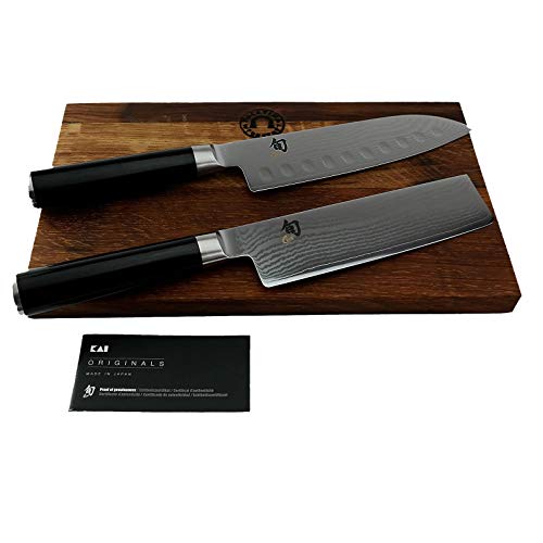 KAI Shun Premier Messerset/Geschenkset | ultrascharfes Santoku DM-0718 (mit Kullenschliff) | + Nakiri-Messer DM-0728 | + Schneidebrett aus Fassholz, 30x18 cm | VK: 428,- € von Palatina Werkstatt