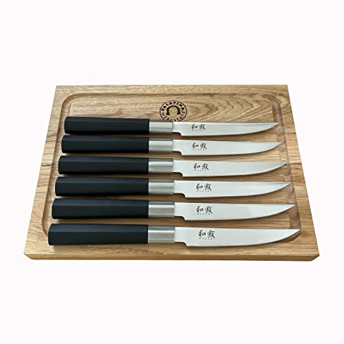 KAI Wasabi Black 67S-400 Steakmesser - Set 6-teilig - Der erste Wahl für Steakliebhaber und Profi-Köche + 100% handgefertigtes Schneidebrett Unikat aus Eiche 30x22cm von Palatina Werkstatt