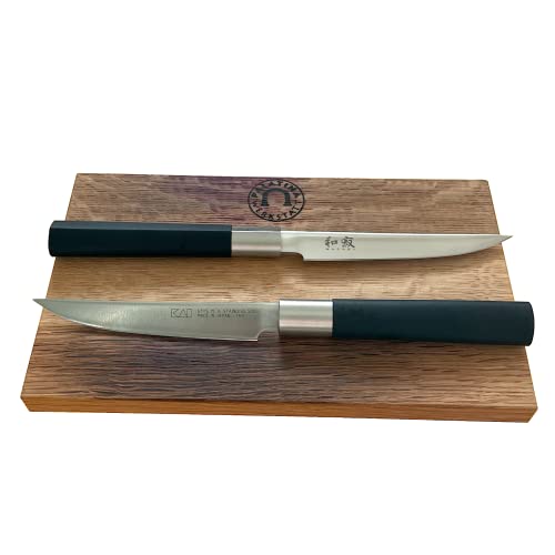 KAI Wasabi Black Steakmesser 67S-400 12cm - Angebotsset 2-teilig - Die erste Wahl für Steakliebhaber & Profi-Köche + 100% handgefertigtes Fassholz Schneidebrett 25x15 von Palatina Werkstatt