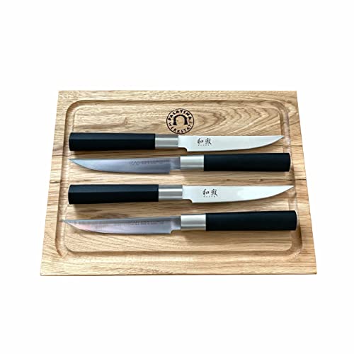 KAI Wasabi Black Steakmesser 67S-400 12cm - Angebotsset 4-teilig - Die erste Wahl für Steakliebhaber & Profi-Köche + 100% handgefertigtes Schneidebrett Unikat aus Eiche 30x22cm von Palatina Werkstatt