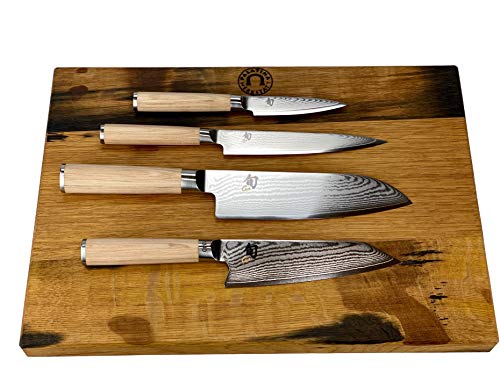 Kai Shun Classic White Bundle | 4 ultrascharfe japanische Messer + von Hand gefertigtes Fassholzbrett 40x30 cm | VK: 739,- € von Palatina Werkstatt