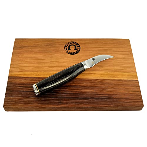 Kai Shun Premier Tim Mälzer Angebotsset TDM-1715 Tourniermesser, Schälmesser gebogene 5,5 cm Klinge + handgefertiges Schneidebrett aus Fassholz (Eiche) 25x15 cm, Angebotsset von Palatina Werkstatt