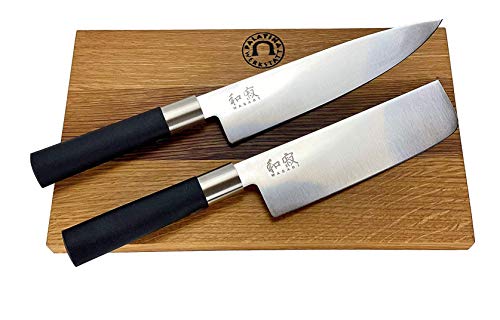 Kai Wasabi Black Messerset/Geschenkset | ultrascharfes japanisches Nakiri + großes Kochmesser 20 cm | + handgeferigtes Fassholzbrett 25x15 cm | VK: 142,90 € von Palatina Werkstatt