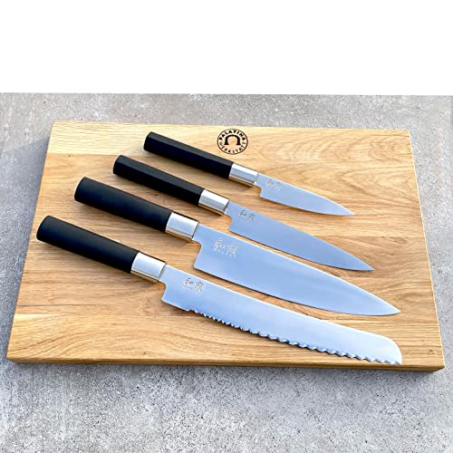 Kai Wasabi Black ultrascharfes Messerset | Kochmesser 20 cm | Officemesser 10 cm | Allzweckmesser 15 cm | Brotmesser 23 cm+ 40x25 cm Eichenbrett, handgefertigt von Palatina Werkstatt