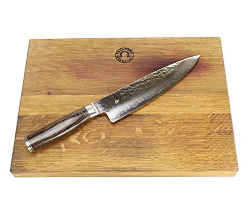 Palatina Werkstatt ® Kai Shun Premier Tim Mälzer Geschenkset,TDM-1706 Kochmesser aus Damaststahl, 20 cm Klinge + XXL Schneidebrett handgefertigt aus altem Fassholz, 40x30 cm von Palatina Werkstatt