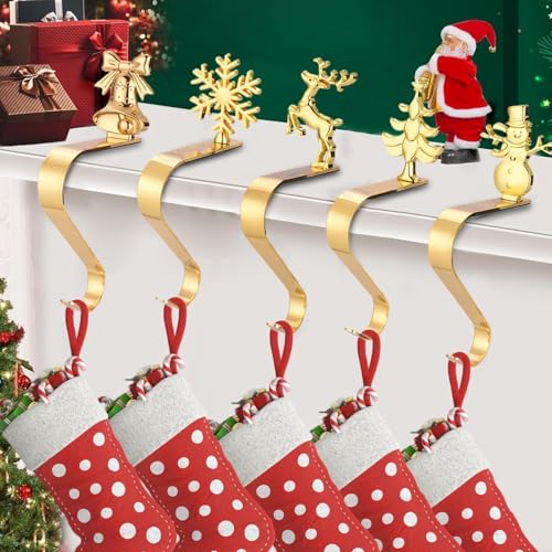 Weihnachtsstrumpfhalter, 5 Stück Kaminhaken Weihnachtsstrumpf Halter, Gold Metall Weihnachtsstrumpf Kleiderbügel, Rutschfeste Hänge Kaminhaken, Für Kaminsims Deko Schmücken von Palaufr