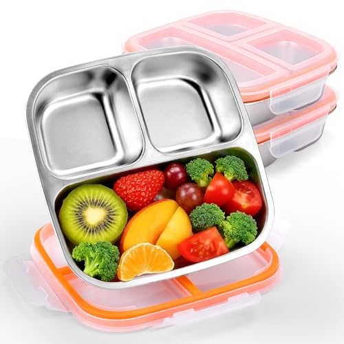 Palksky Edelstahl-Teller mit Deckel, Portionskontrollteller für geteilte, mikrowellen- und spülmaschinenfest, leicht zu reinigende Lunch-Tabletts, 3 Stück von Palksky