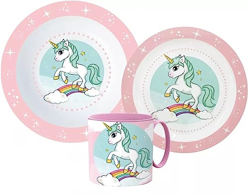 Palleon Einhorn Kinder-Geschirr Set – Teller, Müslischale & Tasse | BPA-frei, Wiederverwendbar & Mikrowellengeeignet | Perfekt für Mädchen & Jungen von Palleon