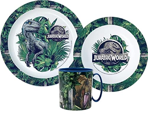 Kinder-Geschirr Set mit Teller, Müslischale und Tasse | Jungen und Mädchen Geschirrset (Jurassic World) von Palleon