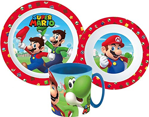 Super Mario Kinder-Geschirr Set mit Teller, Müslischale und Tasse (wiederverwendbar) von Palleon