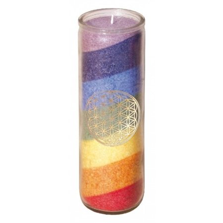 7 Chakra Regenbogen-Kerze Glaskerze mit goldenem Aufkleber der Blume des Lebens von Palm Light