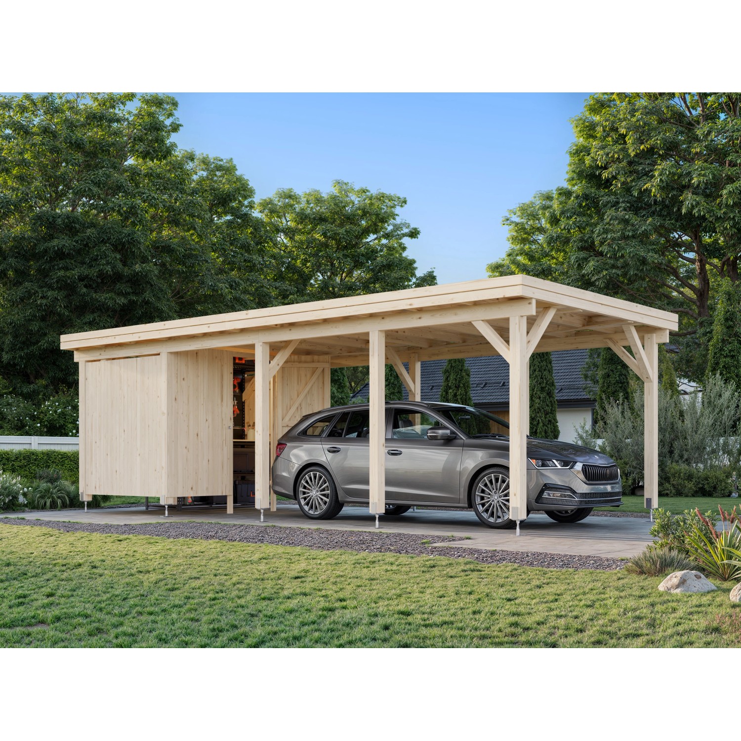 Palmako Carport Karl mit Geräteraum 315 x 732 cm Tauchgrundiert Hellbraun FSC® von Palmako