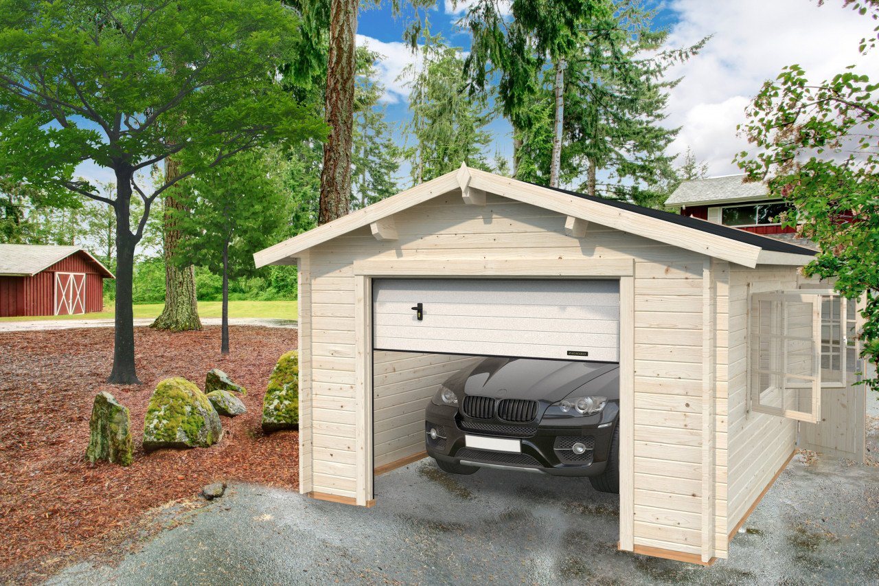 Palmako Garage Holzgarage Roger 19,0 mit Sektionaltor naturbelassen, Einzelgarage aus Holz mit Blechdach Kupferbraun von Palmako